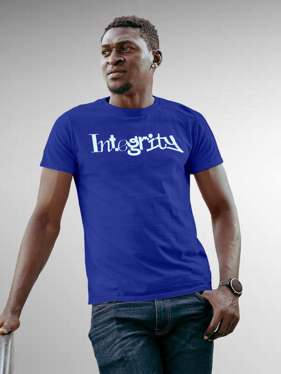 Fighterhero T-shirts: Model wearing Men's Blue Round Neck T-shirt with 'Integrity' design