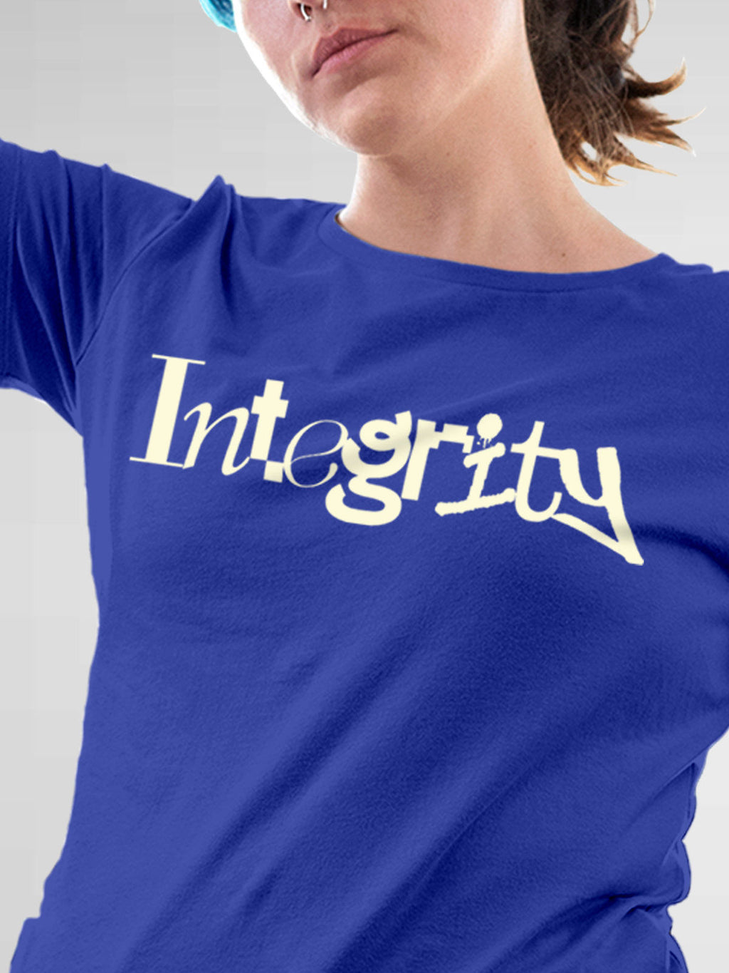 Close up of 'Integrity' design on Women's Blue Round Neck T-shirt, highlighting intricate details and vibrant print.