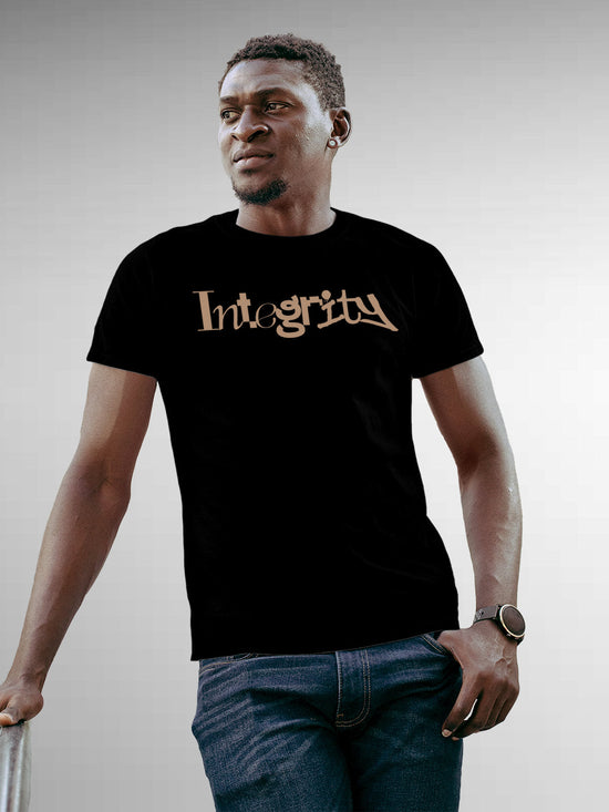 Fighterhero T-shirts: Model wearing Men's Black Round Neck T-shirt with 'Integrity' design