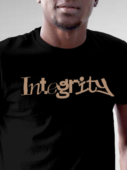 Close up of 'Integrity' design on Men's Black Round Neck T-shirt, highlighting intricate details and vibrant print.