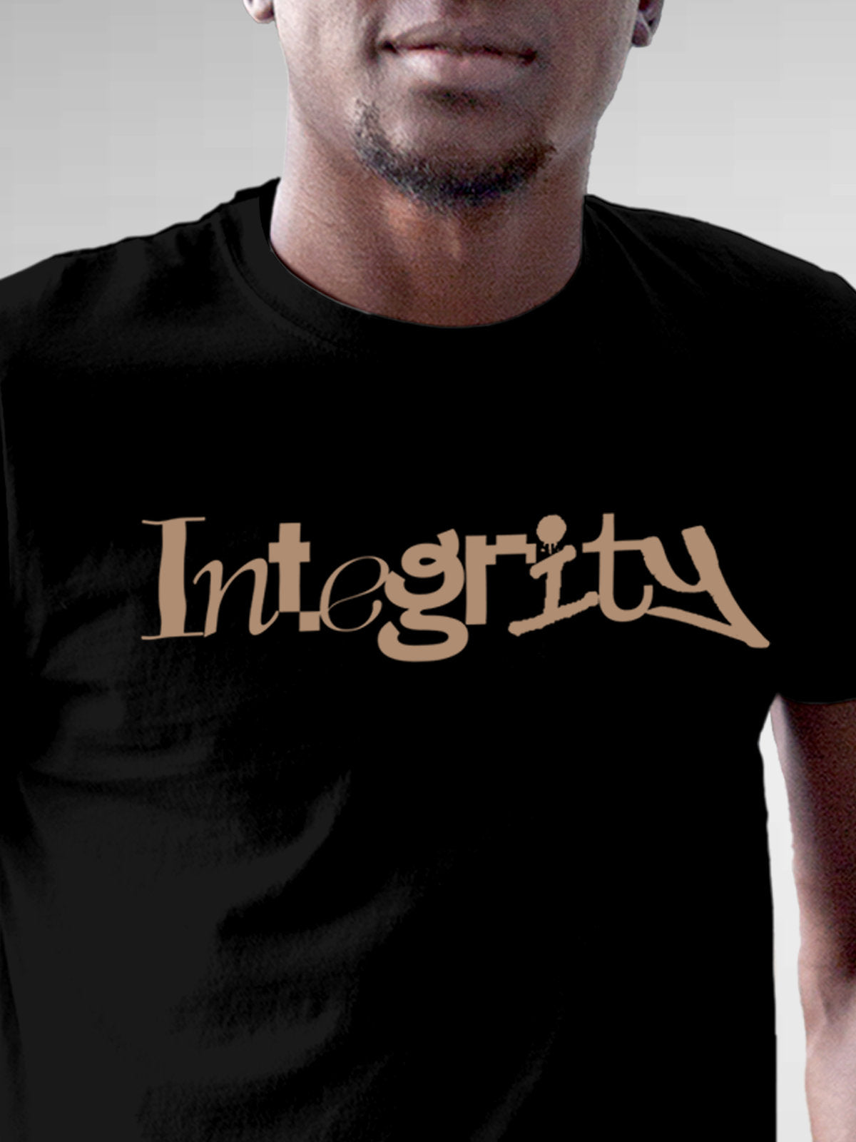 Close up of 'Integrity' design on Men's Black Round Neck T-shirt, highlighting intricate details and vibrant print.