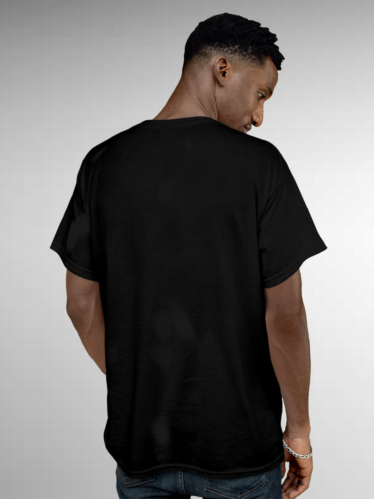 Back view of Fighterhero Men's Black Round Neck T-shirt, highlighting the modern look and clean finish