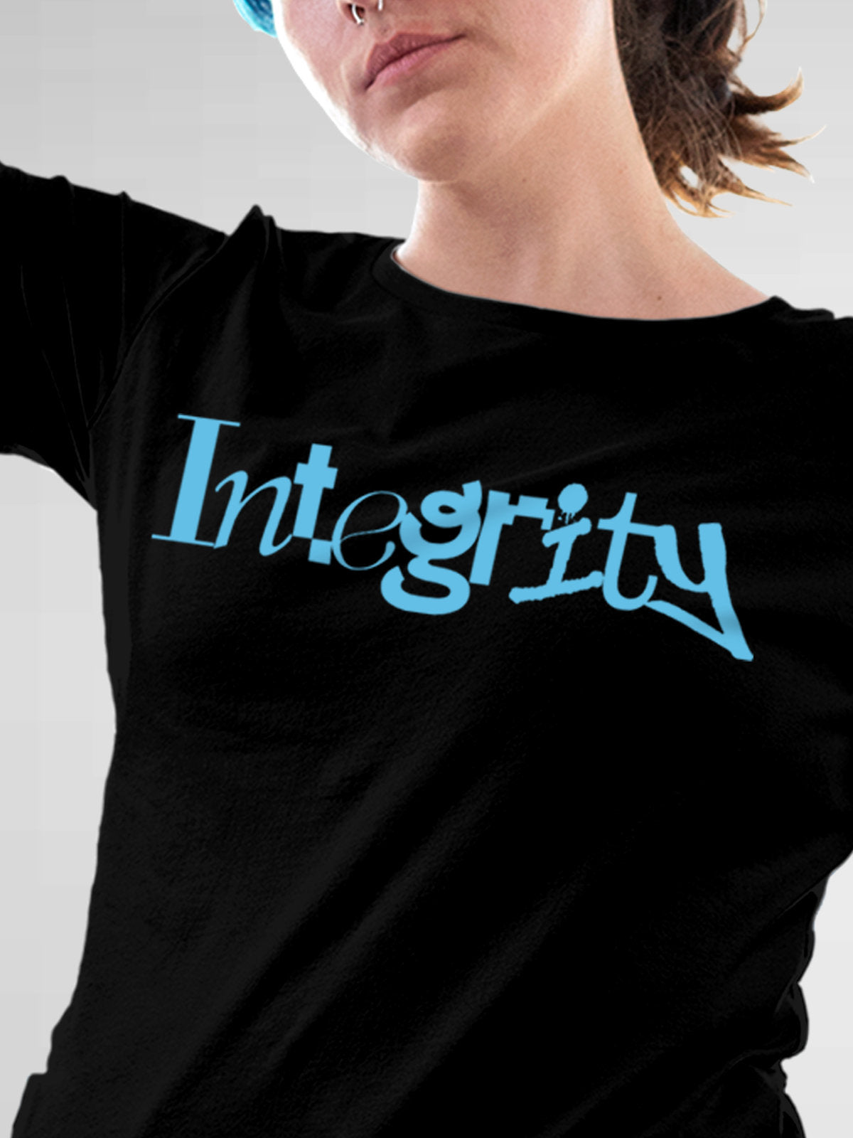 Close up of 'Integrity' design on Women's Black Round Neck T-shirt, highlighting intricate details and vibrant print.