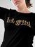 Close up of 'Integrity' design on Women's Black Round Neck T-shirt, highlighting intricate details and vibrant print.
