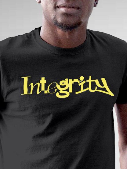 Close up of 'Integrity' design on Men's Dark Grey Round Neck T-shirt, highlighting intricate details and vibrant print.