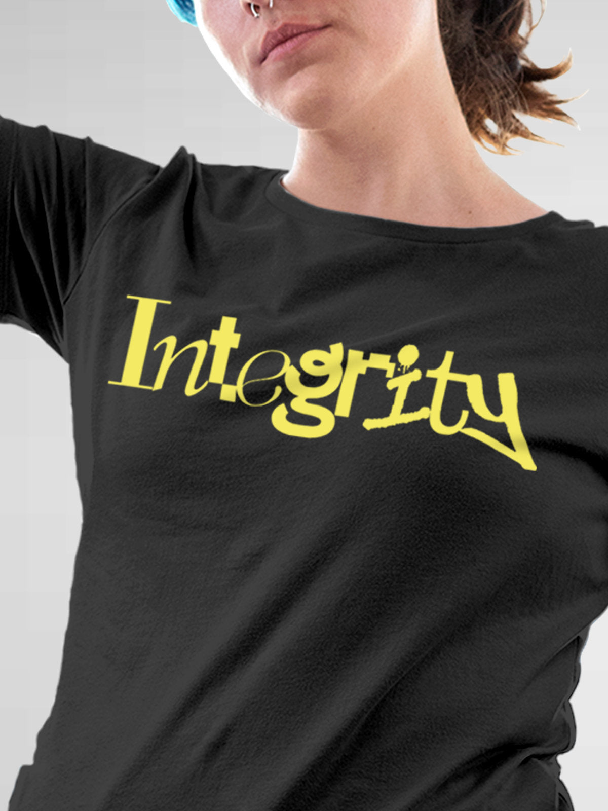 Close up of 'Integrity' design on Women's Dark Grey Round Neck T-shirt, highlighting intricate details and vibrant print.