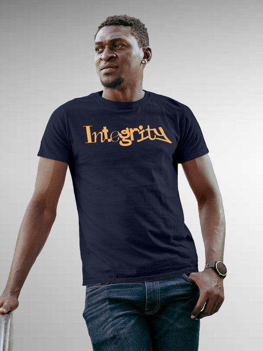 Fighterhero T-shirts: Model wearing Men's Navy Blue Round Neck T-shirt with 'Integrity' design