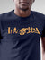 Close up of 'Integrity' design on Men's Navy Blue Round Neck T-shirt, highlighting intricate details and vibrant print.