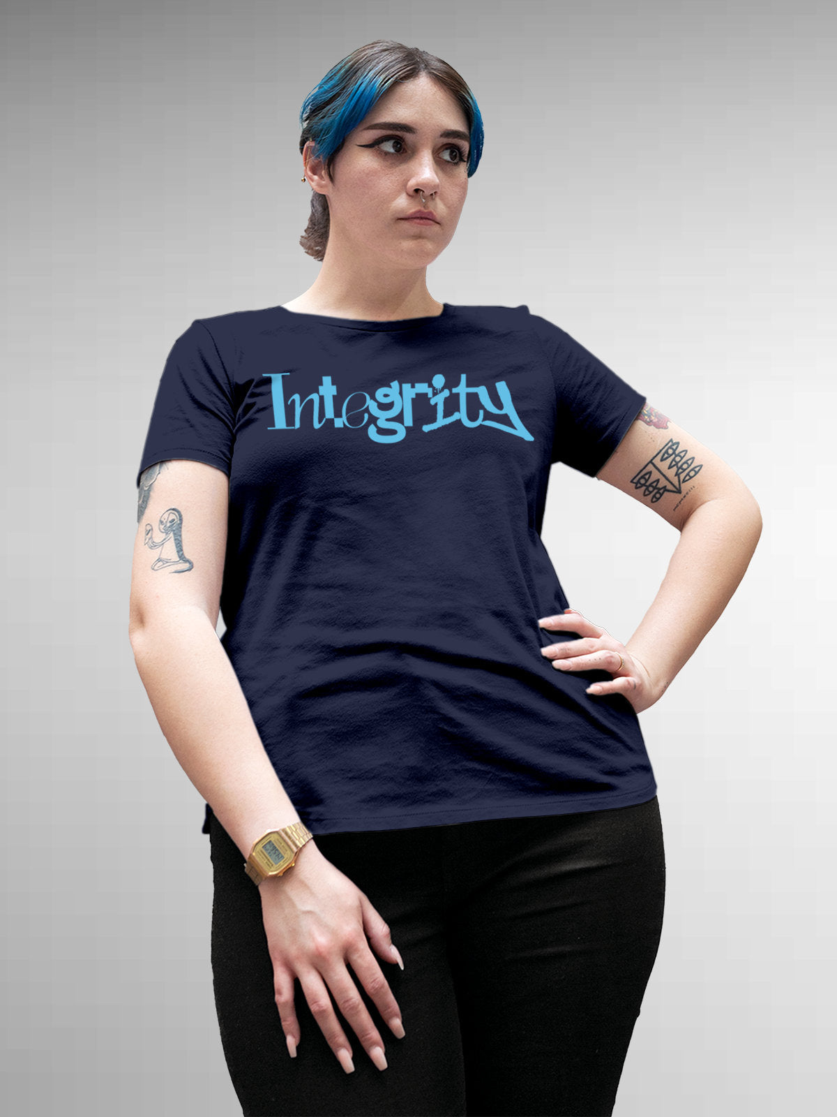 Model wearing Women's Navy Blue Round Neck T-shirt with 'Integrity' design, offering effortless style and premium comfort