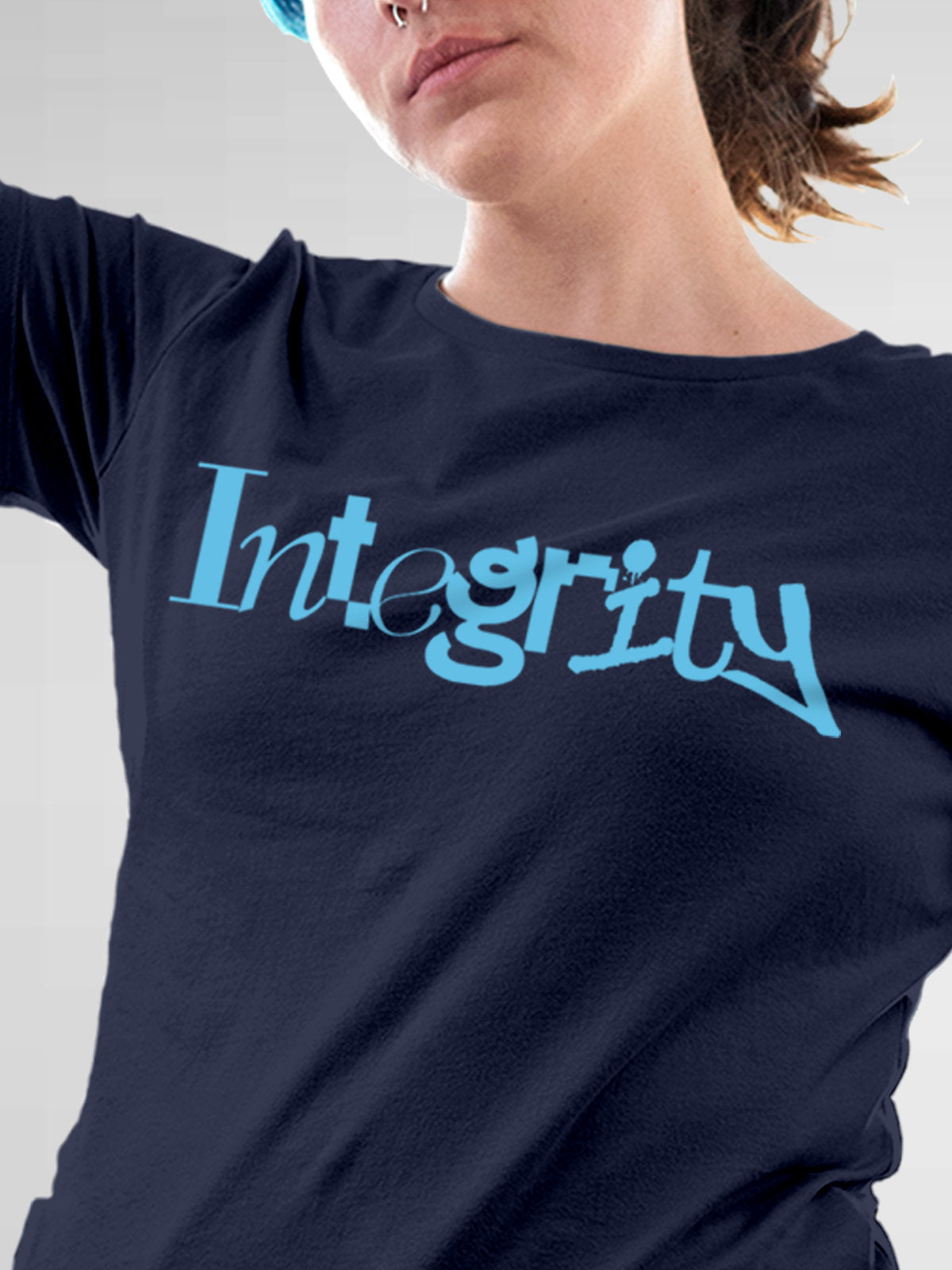 Close up of 'Integrity' design on Women's Navy Blue Round Neck T-shirt, highlighting intricate details and vibrant print.