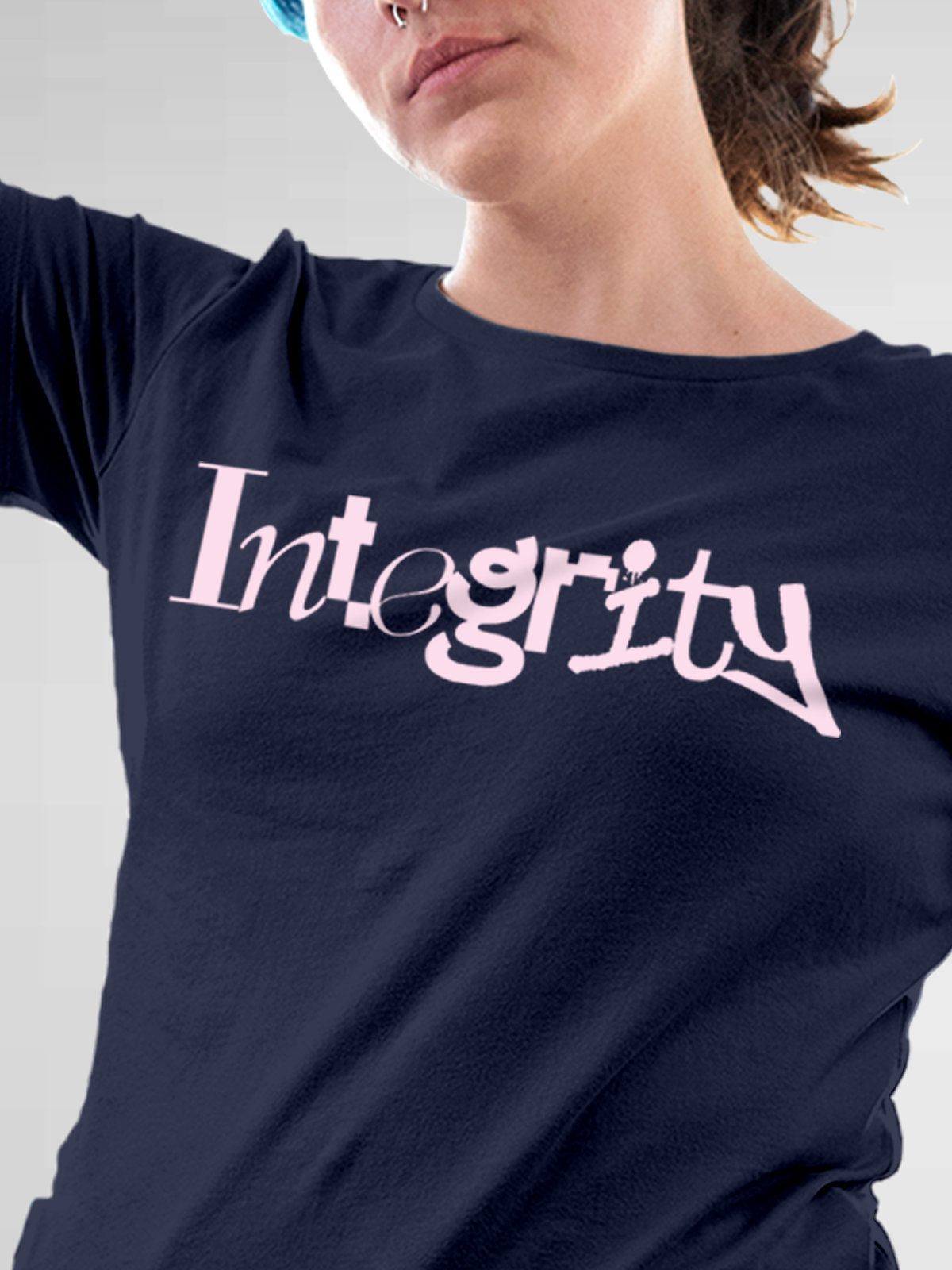Close up of 'Integrity' design on Women's Navy Blue Round Neck T-shirt, highlighting intricate details and vibrant print.