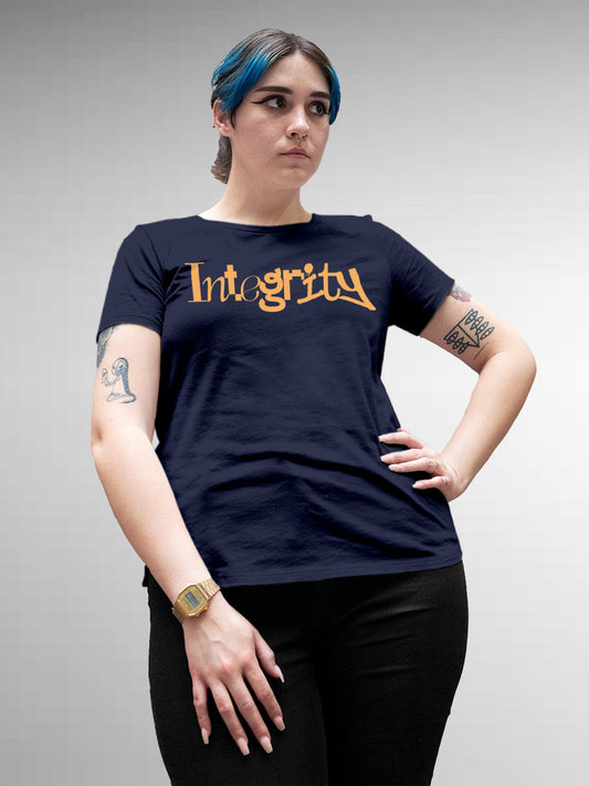 Fighterhero T-shirts: Model wearing Women's Navy Blue Round Neck T-shirt with 'Integrity' design