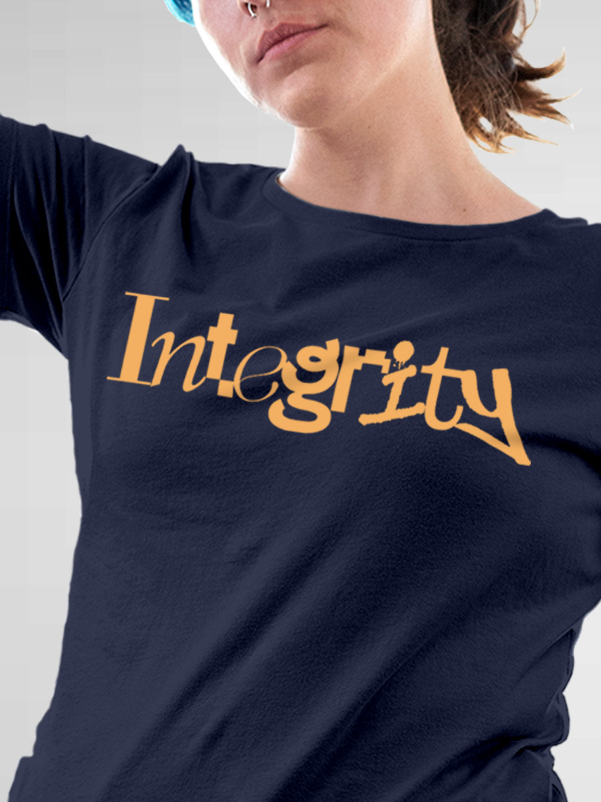 Close up of 'Integrity' design on Women's Navy Blue Round Neck T-shirt, highlighting intricate details and vibrant print.