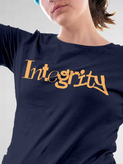 Close up of 'Integrity' design on Women's Navy Blue Round Neck T-shirt, highlighting intricate details and vibrant print.