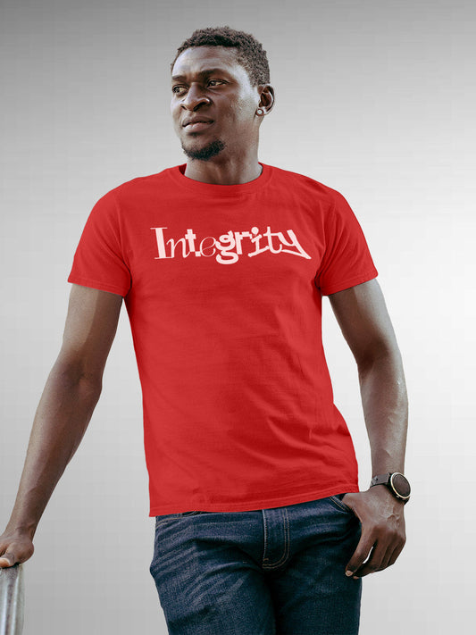 Model wearing Men's Red Round Neck T-shirt with 'Integrity' design, offering effortless style and premium comfort