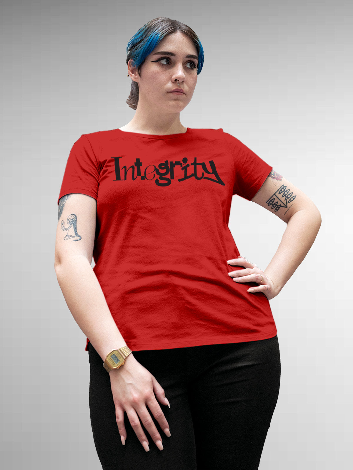 Model wearing Women's Red Round Neck T-shirt with 'Integrity' design, offering effortless style and premium comfort
