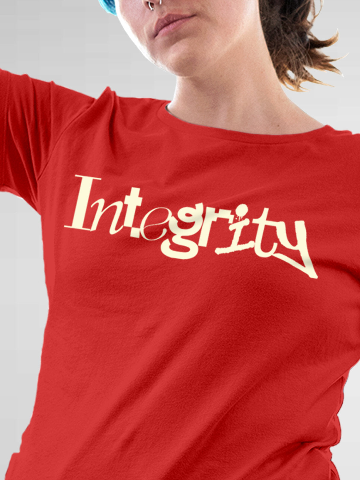 Close up of 'Integrity' design on Women's Red Round Neck T-shirt, highlighting intricate details and vibrant print.