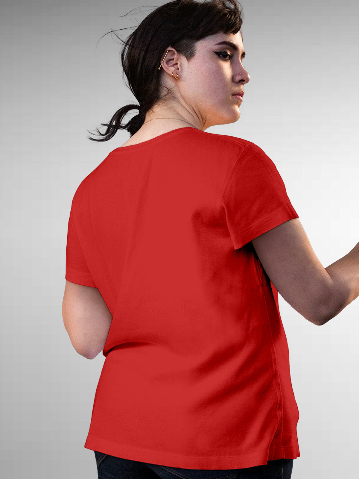Back view of Fighterhero Women's Red Round Neck T-shirt, highlighting the modern look and clean finish