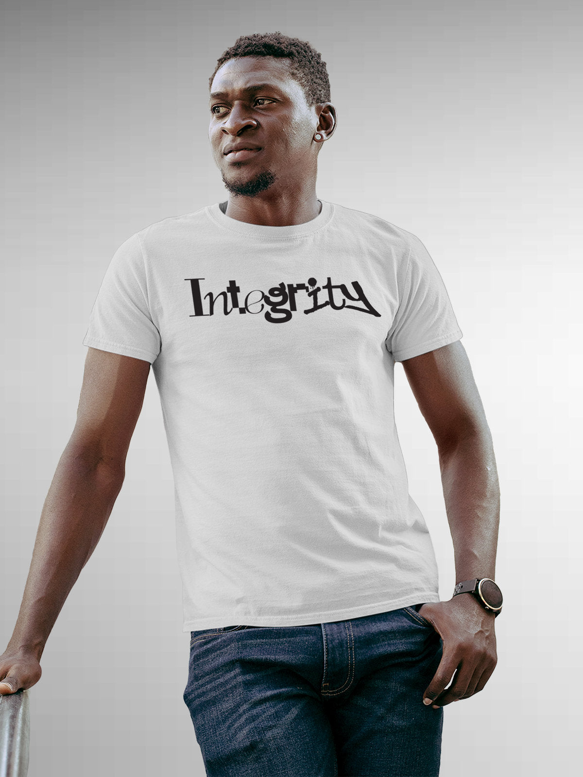 Model wearing Men's White Round Neck T-shirt with 'Integrity' design, offering effortless style and premium comfort