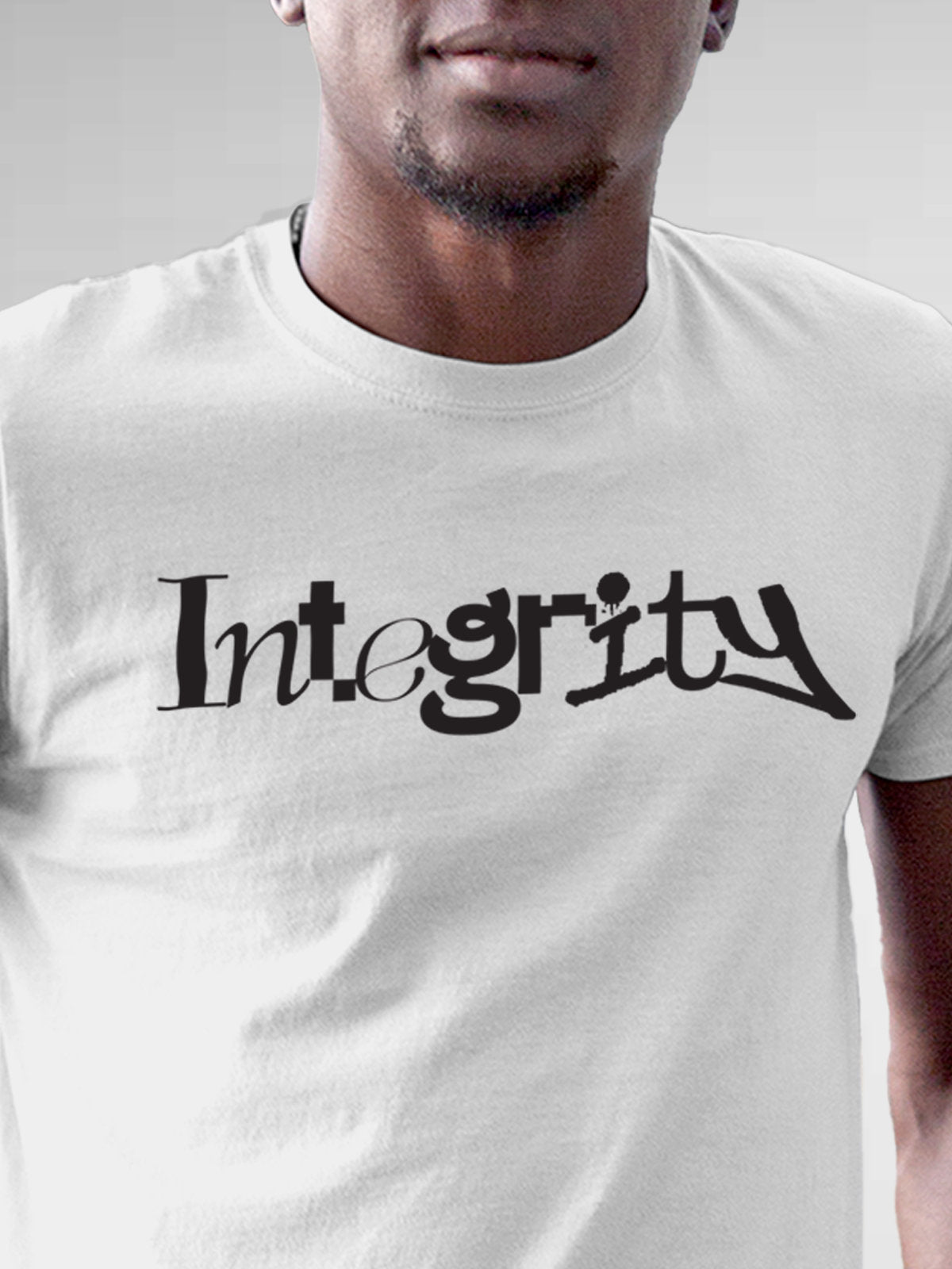 Close up of 'Integrity' design on Men's White Round Neck T-shirt, highlighting intricate details and vibrant print.