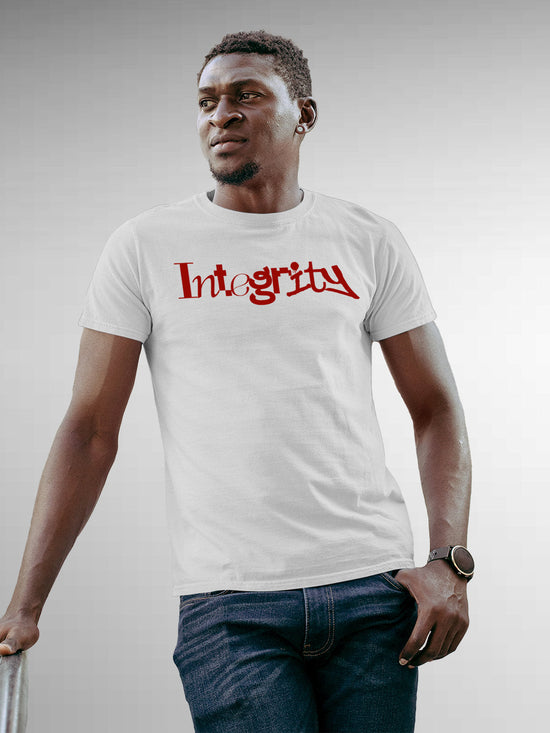 Fighterhero T-shirts: Model wearing Men's White Round Neck T-shirt with 'Integrity' design