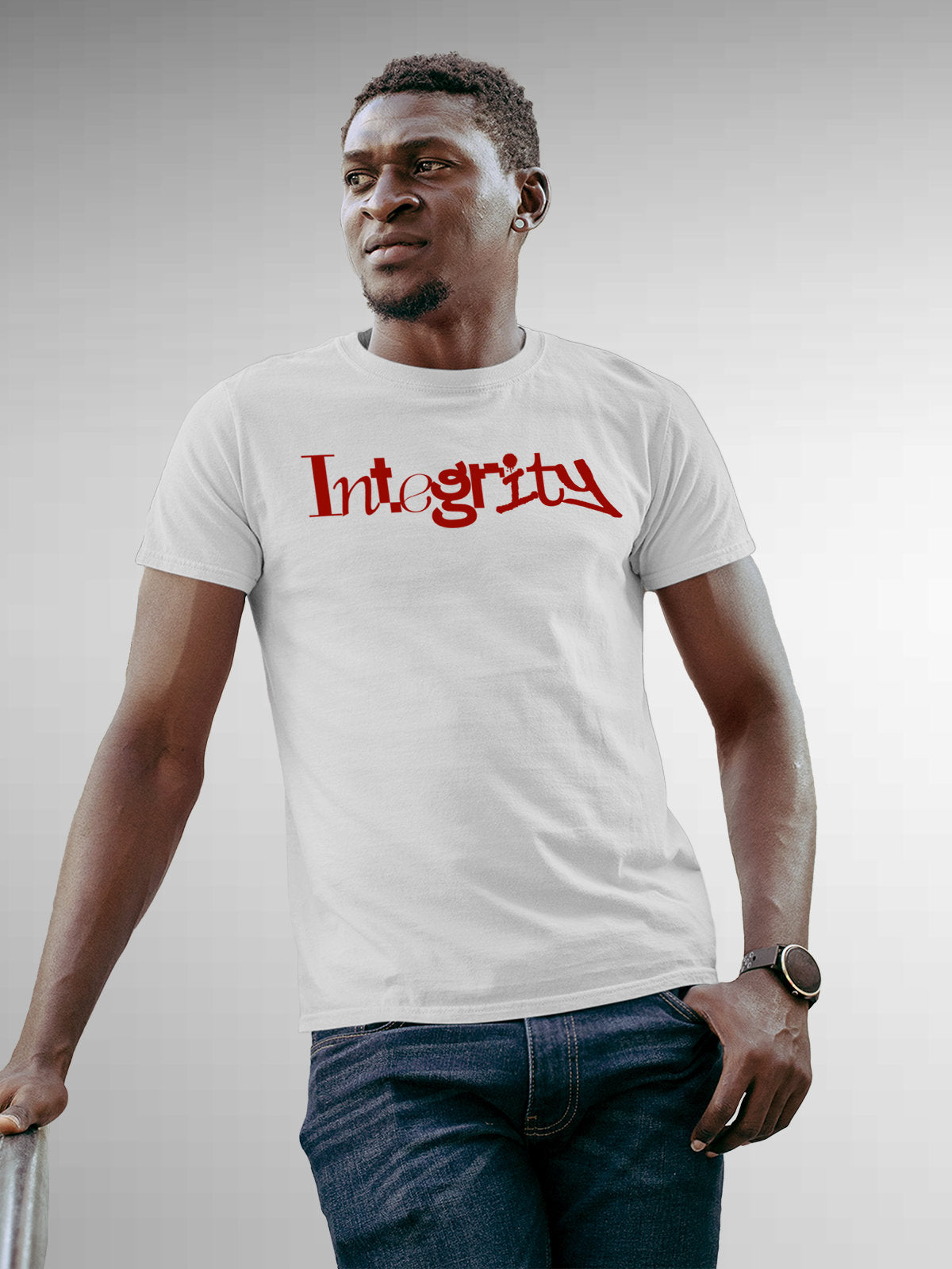 Model wearing Men's White Round Neck T-shirt with 'Integrity' design, offering effortless style and premium comfort
