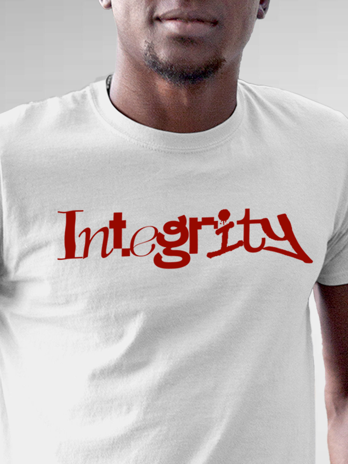 Close up of 'Integrity' design on Men's White Round Neck T-shirt, highlighting intricate details and vibrant print.