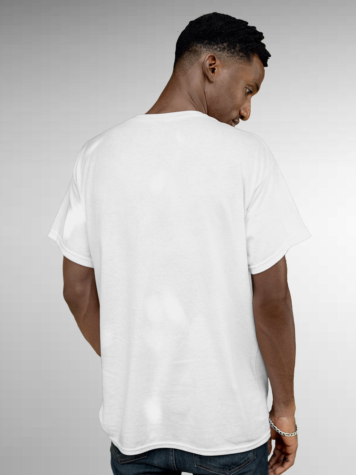 Back view of Fighterhero Men's White Round Neck T-shirt, highlighting the modern look and clean finish