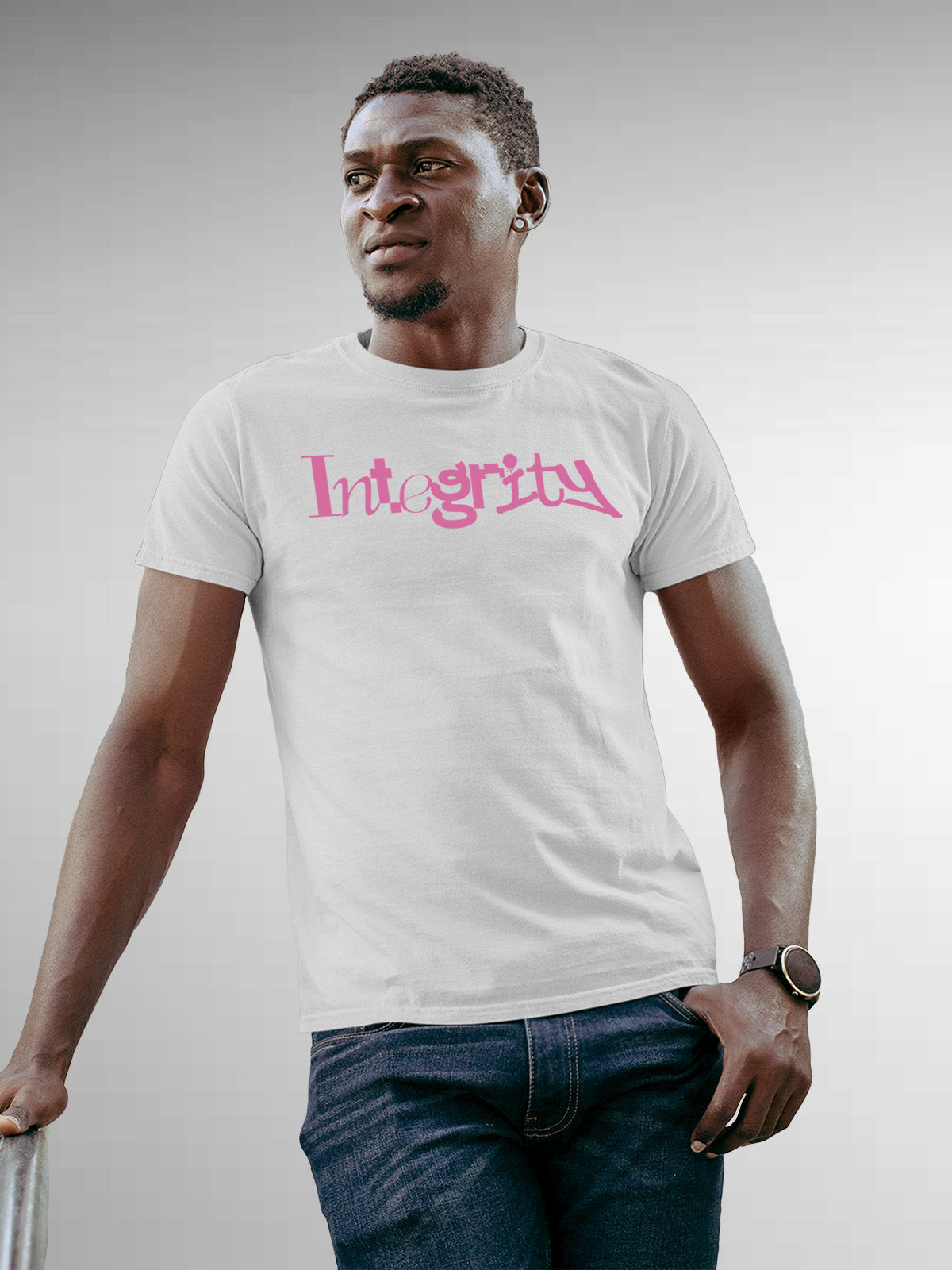 Model wearing Men's White Round Neck T-shirt with 'Integrity' design, offering effortless style and premium comfort