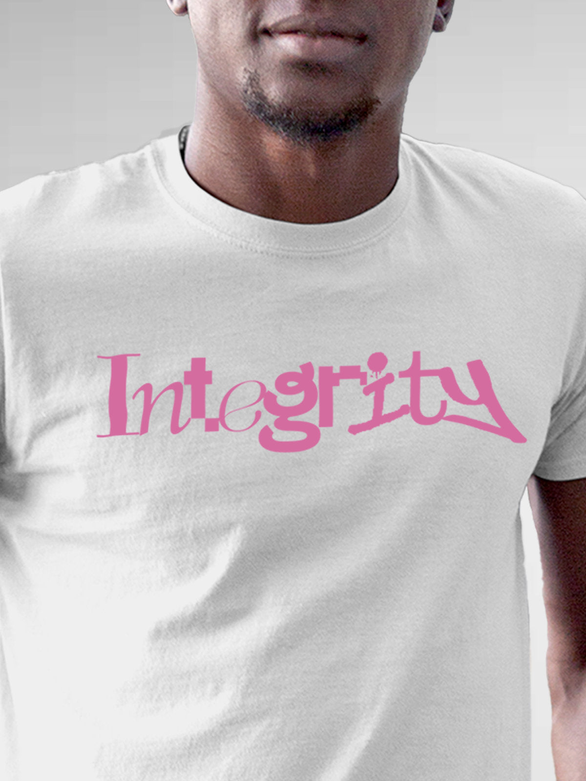 Close up of 'Integrity' design on Men's White Round Neck T-shirt, highlighting intricate details and vibrant print.