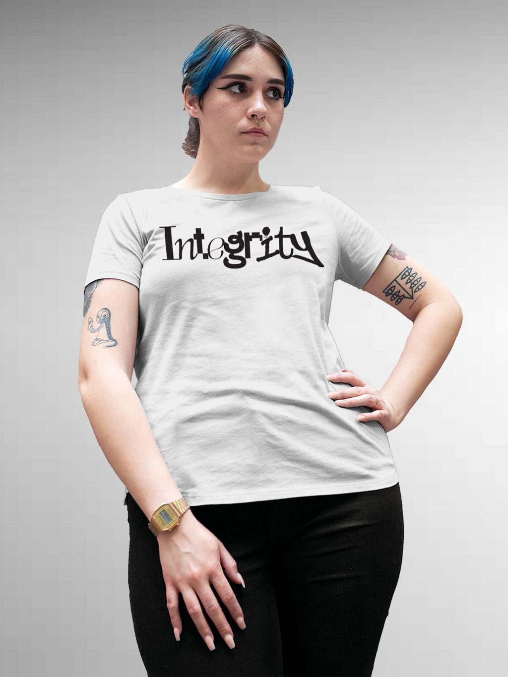 Model wearing Women's White Round Neck T-shirt with 'Integrity' design, offering effortless style and premium comfort