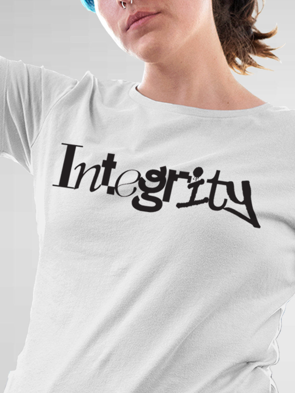 Close up of 'Integrity' design on Women's White Round Neck T-shirt, highlighting intricate details and vibrant print.