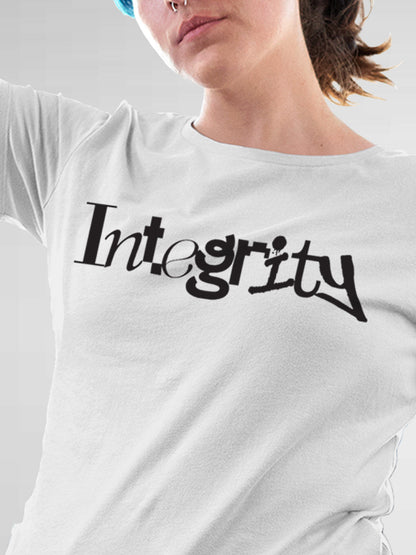Close up of 'Integrity' design on Women's White Round Neck T-shirt, highlighting intricate details and vibrant print.