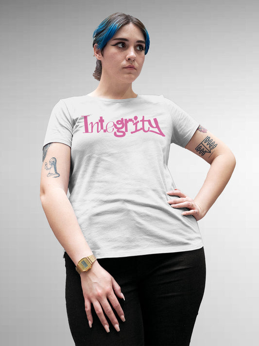 Fighterhero T-shirts: Model wearing Women's White Round Neck T-shirt with 'Integrity' design