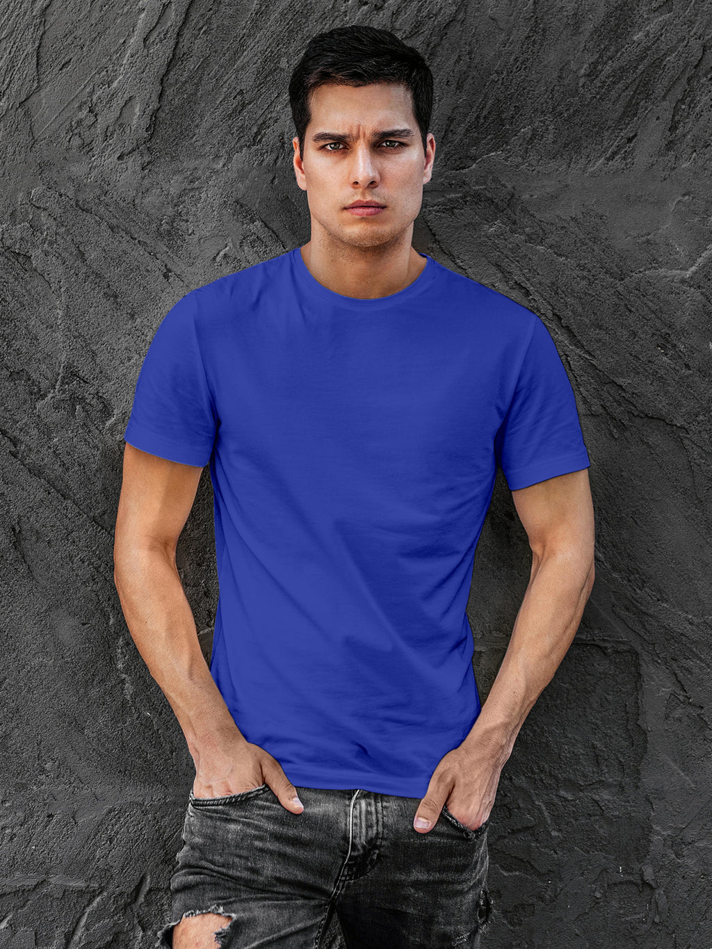 Close up of Plain Solid Blue T-shirt for Men, highlighting intricate details and vibrant print.