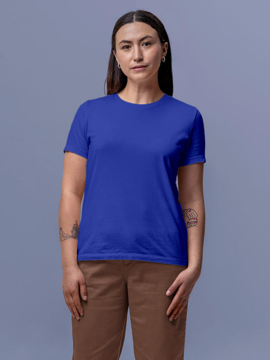 Model wearing Women's Blue Round Neck Plain Solid T-shirt, offering effortless style and premium comfort