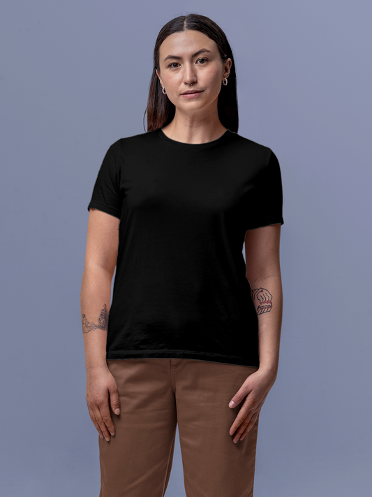 Model wearing Women's Plain Solid Black Round Neck T-shirt, offering effortless style and premium comfort