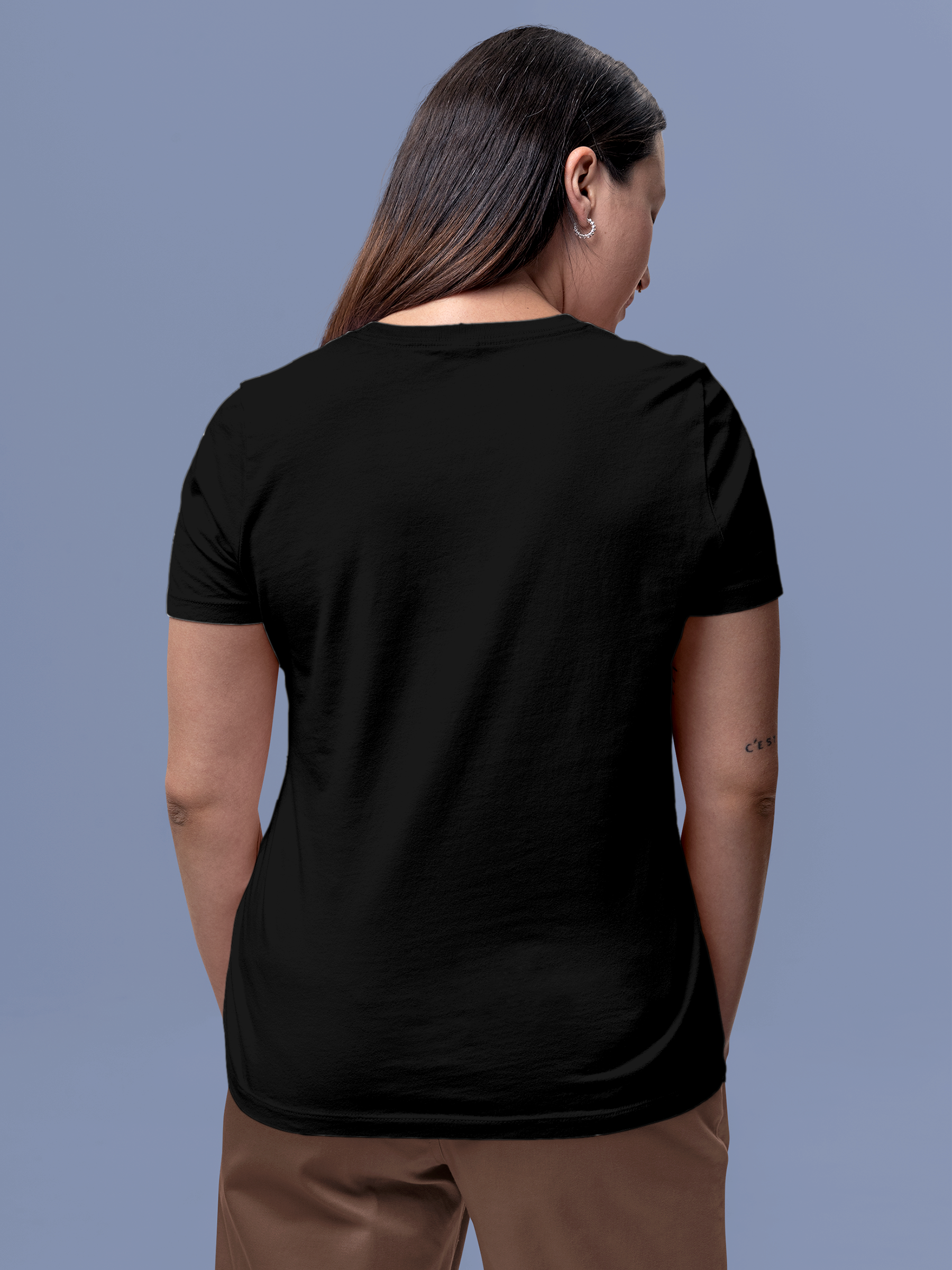 Back view of Fighterhero Women's Black Round Neck T-shirt, highlighting the modern look and clean finish