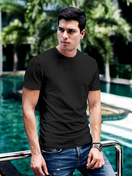 Model wearing Men's Dark Grey Round Neck Plain Solid T-shirt, offering effortless style and premium comfort