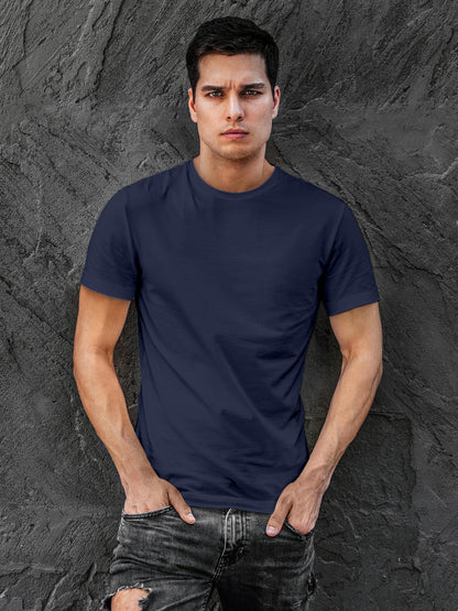 Close up of Plain Solid Navy Blue T-shirt for Men, highlighting intricate details and vibrant print.