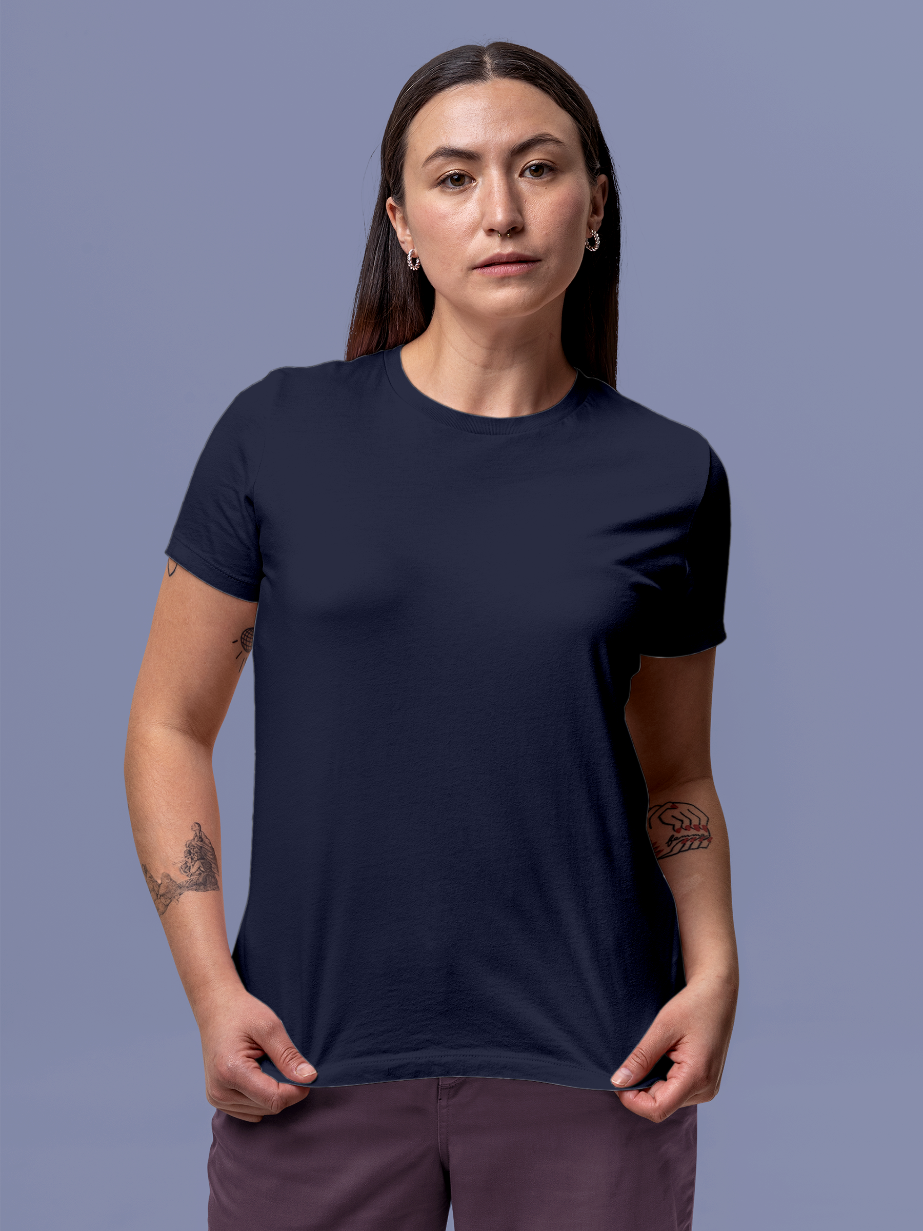 Close up of Women's Plain Solid Navy Blue Round Neck T-shirt, highlighting intricate details and vibrant print.