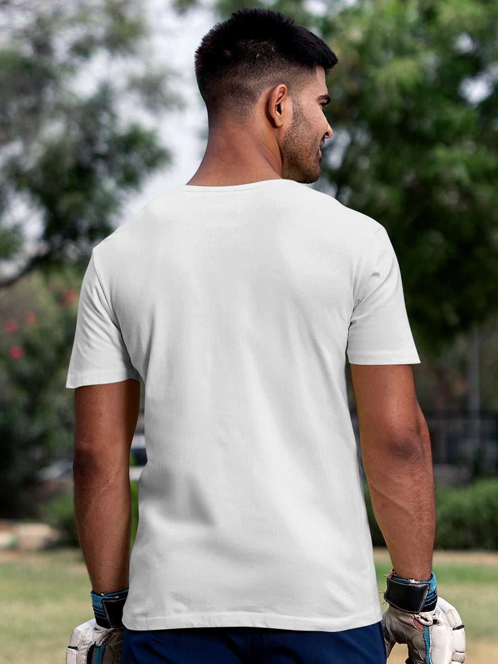 Back view of Fighterhero Men's White Round Neck Plain T-shirt, highlighting the modern look and clean finish