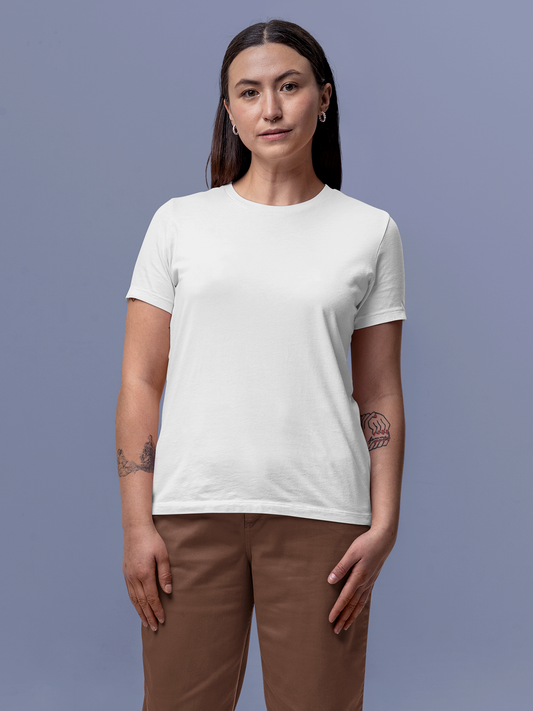 Model wearing Women's Plain Solid White Round Neck T-shirt, offering effortless style and premium comfort