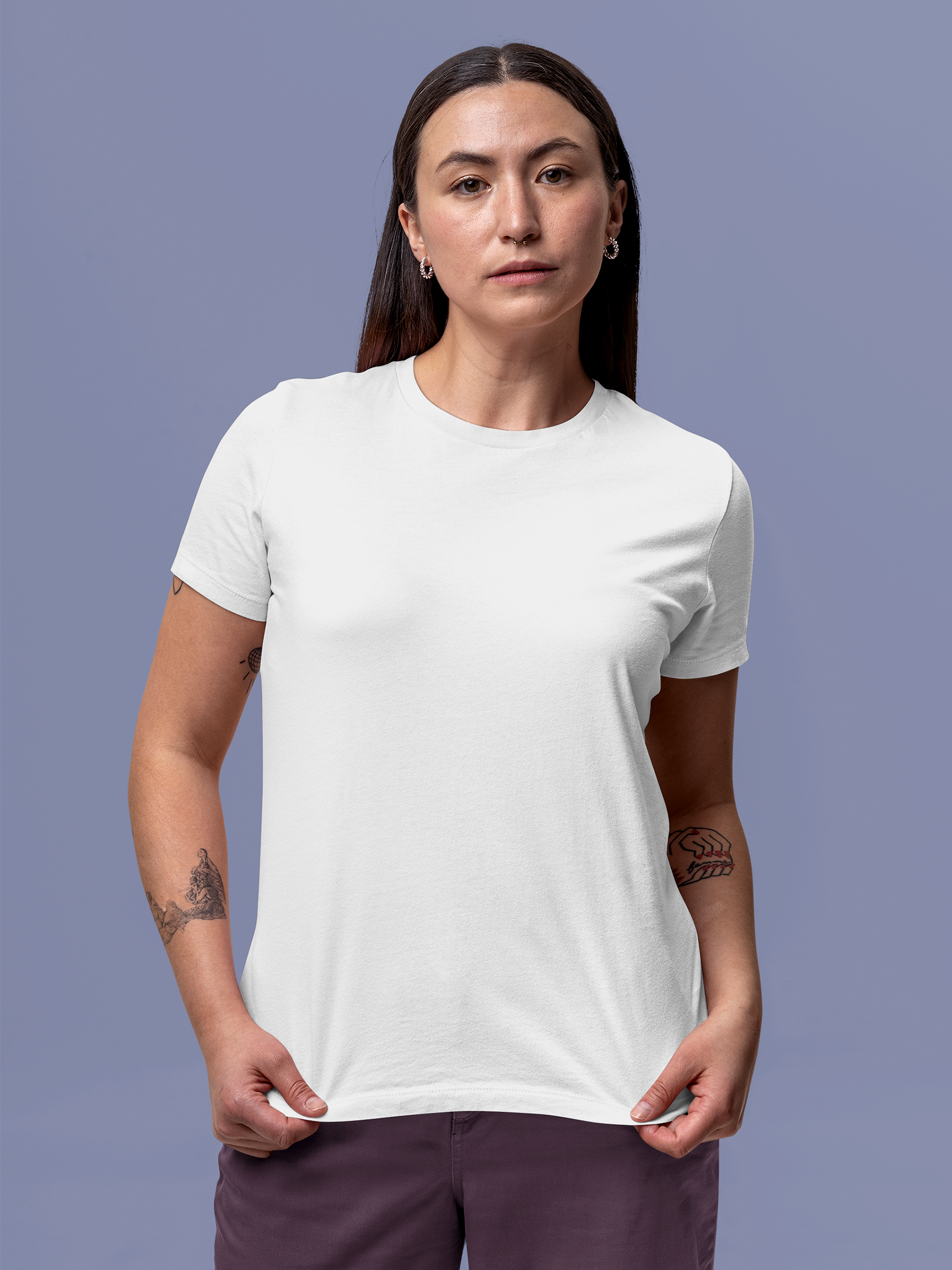 Close up of Women's Plain Solid White Round Neck T-shirt, highlighting intricate details and vibrant print.