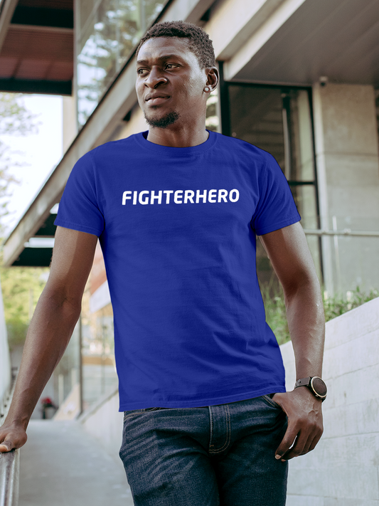 Model wearing Men's Blue Round Neck T-shirt with 'Fighterhero' design, offering effortless style and premium comfort