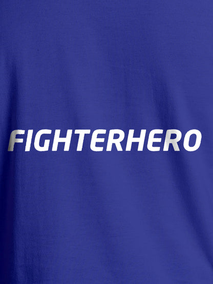 Close up of 'Fighterhero' design on Men's Blue Round Neck T-shirt, highlighting intricate details and vibrant print.