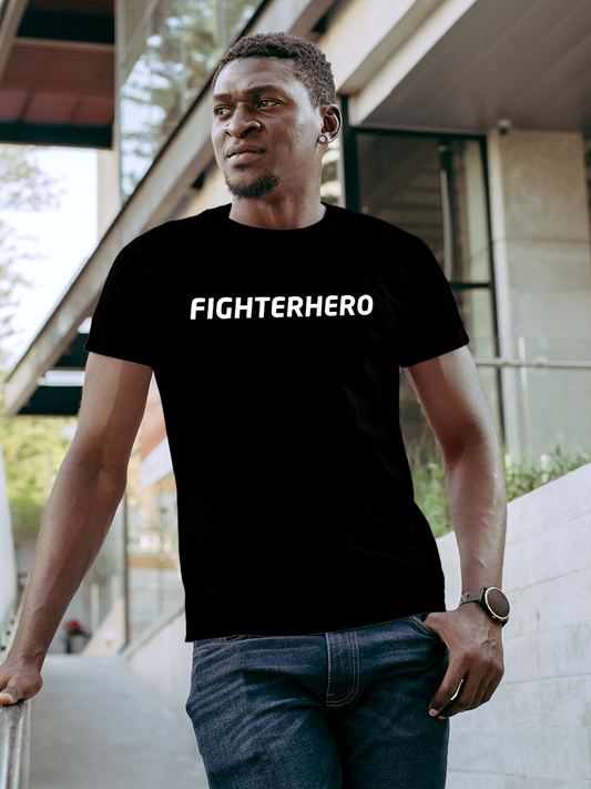 Model wearing Men's Black Round Neck T-shirt with 'Fighterhero' design, offering effortless style and premium comfort