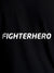 Close up of 'Fighterhero' design on Men's Black Round Neck T-shirt, highlighting intricate details and vibrant print.