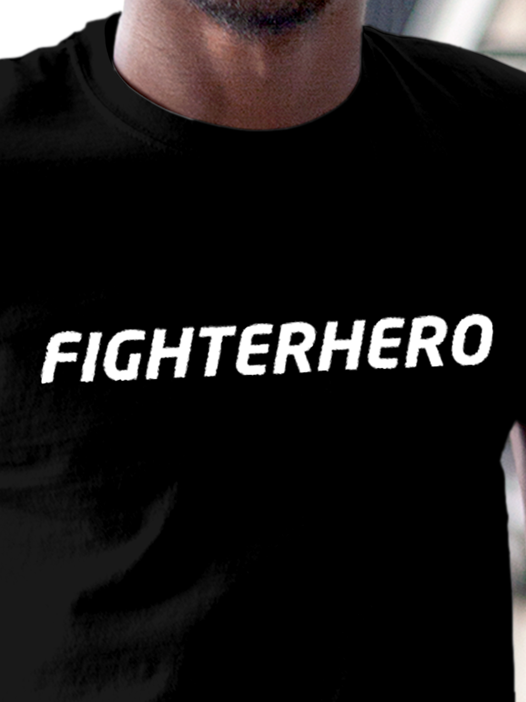 Close up of 'Fighterhero' design on Men's Black Round Neck T-shirt, highlighting intricate details and vibrant print.