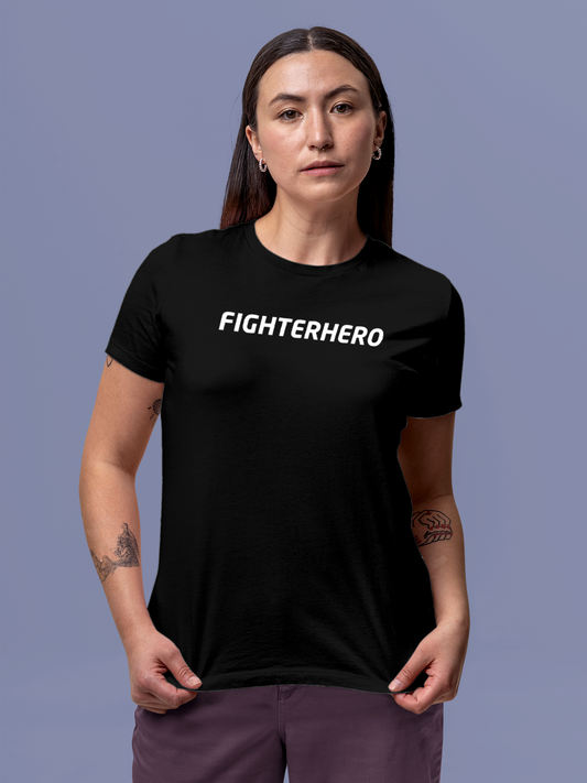 Model wearing Women's Black Round Neck T-shirt with 'Fighterhero' design, offering effortless style and premium comfort